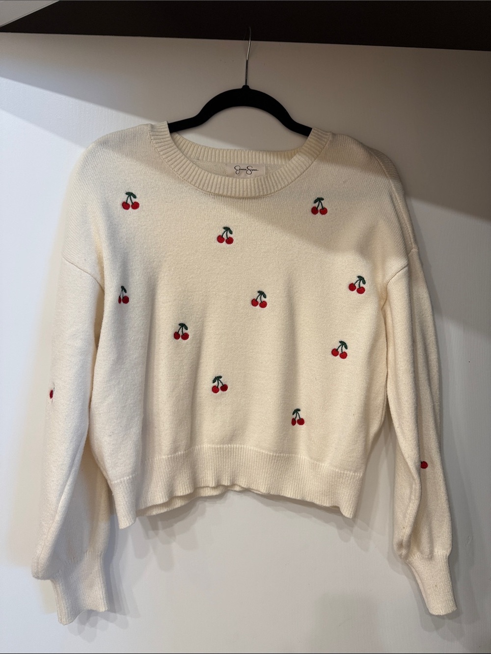 Jessica Simpson Cream Crewneck Sweater with Red Cherry Motif